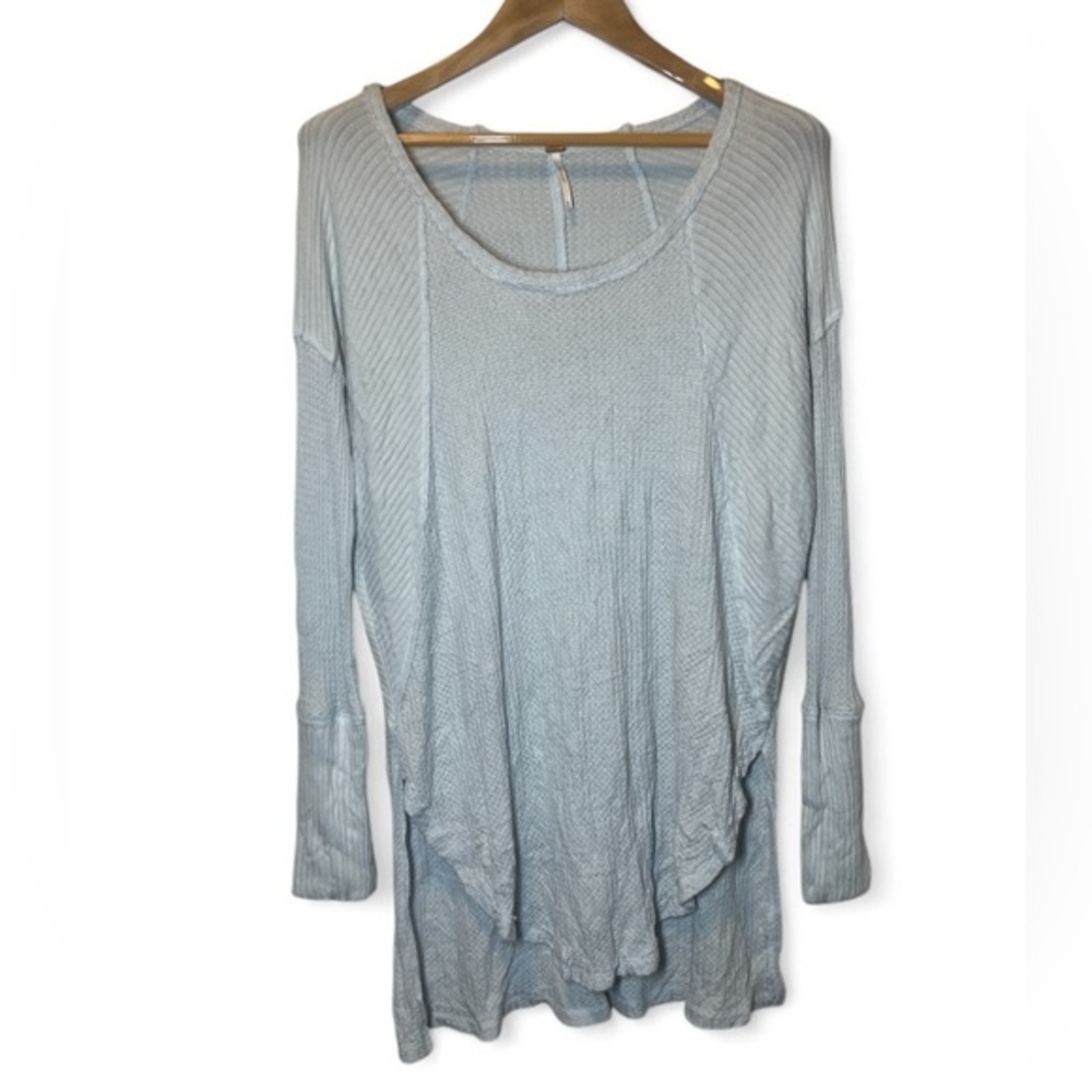 Free People Women M Baby Blue Waffle Knit Oversized Thermal Tunic Pullover Shirt